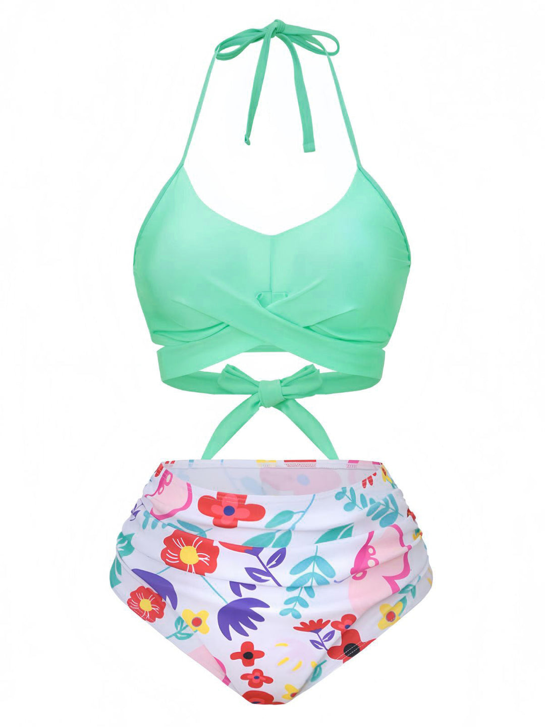 Mint Green 1940s Floral High-Waist Bikini Swimsuit - vintage swimsuit, pin-up style