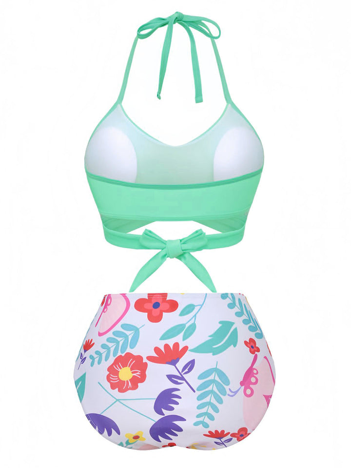 Mint Green 1940s Floral High-Waist Bikini Swimsuit - vintage swimsuit, pin-up style