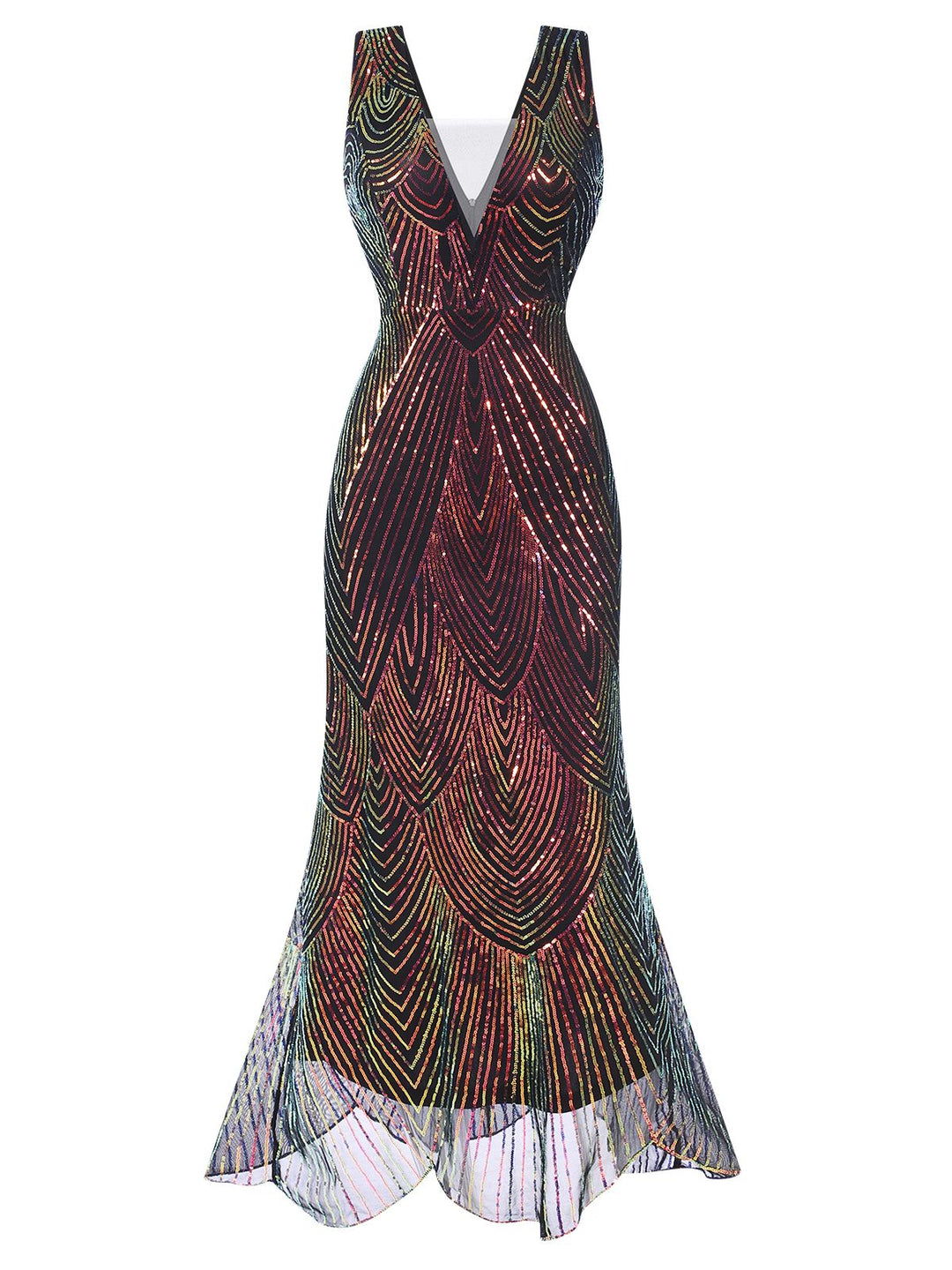 Multicolor 1920s V-Neck Sequined Fishtail Dress, vintage dress, retro fashion, Gatsby party, flapper style - perfect for women who love vintage and retro fashion