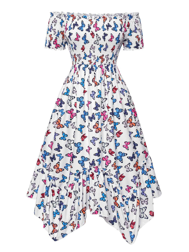 1930s Butterfly Print OffShoulder Irregular | 1930s | vintage dress, retro fashion