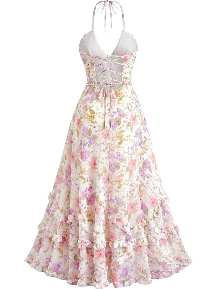 Multicolor 1930s Floral Halter Maxi Dress, vintage dress, retro fashion, floral print - perfect for women who love vintage and retro fashion