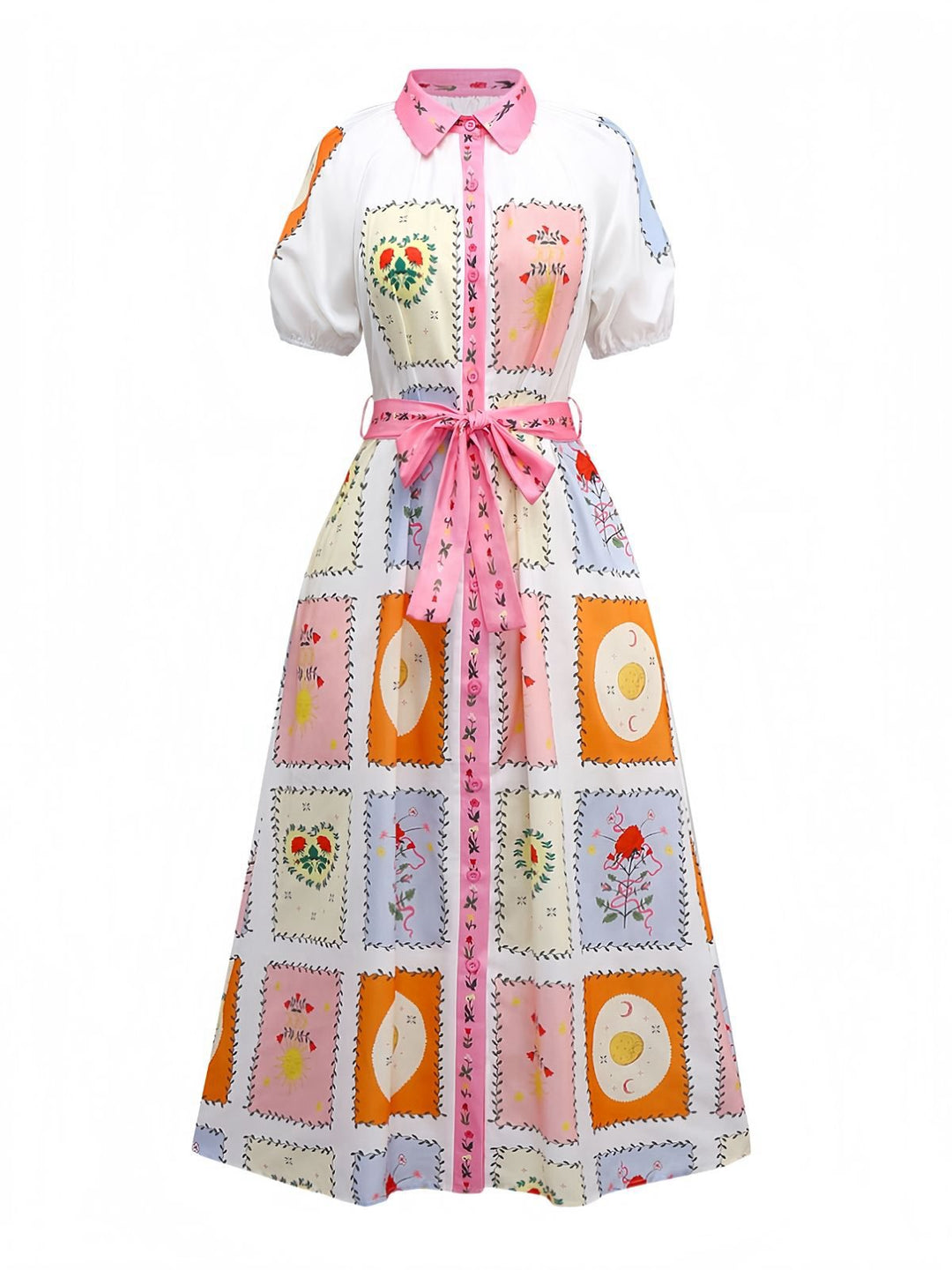 Multicolor 1930s Floral Sun Moon Belted Dress - vintage dress, retro fashion