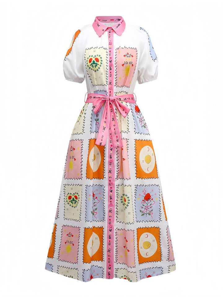 Multicolor 1930s Floral Sun Moon Belted Dress - vintage dress, retro fashion