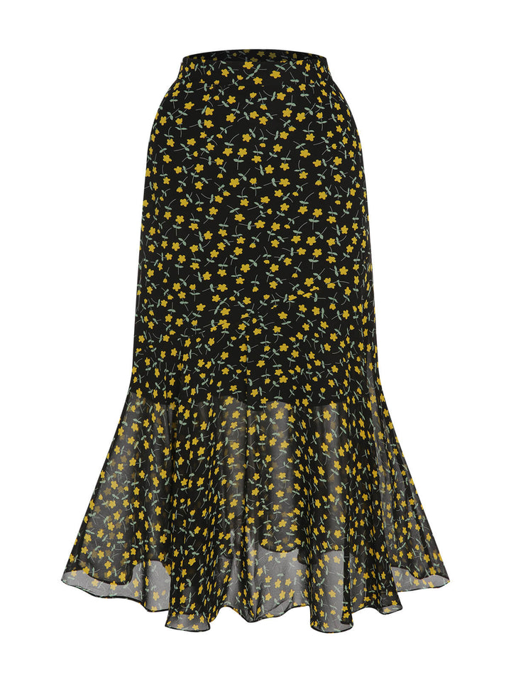 She sways in this Multicolor 1930s Flowers Fishtail Skirt and it&