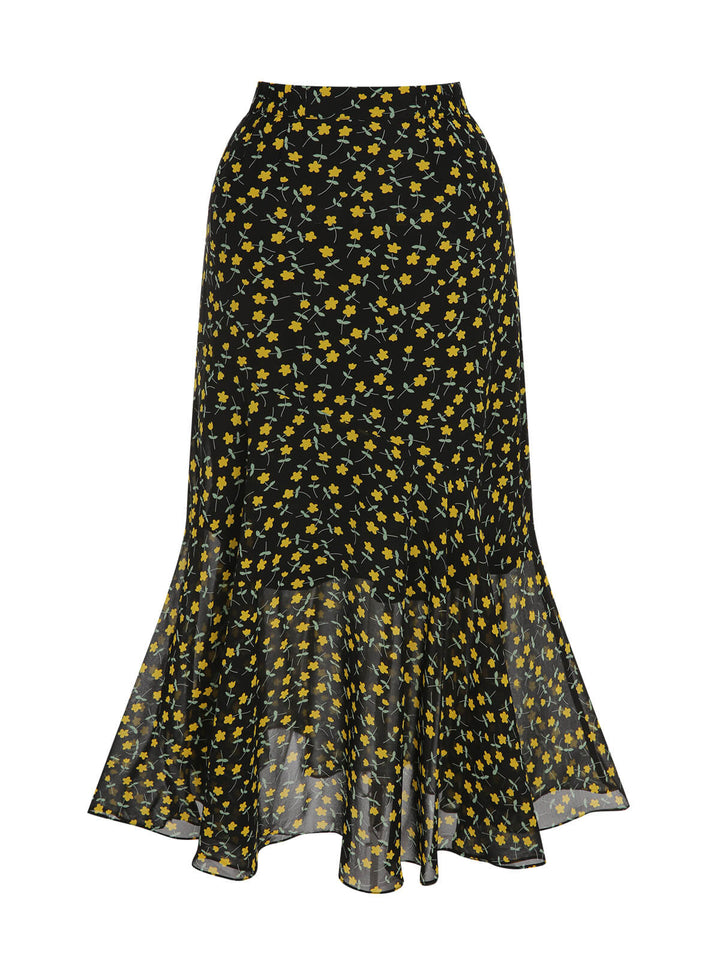 Multicolor 1930s Flowers Fishtail Skirt: 1930s grace for the woman who dances through life