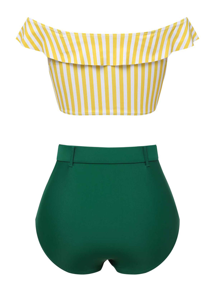 Multicolor 1930s Off-Shoulder Stripes Swimsuit — because 1930s glamour never goes out of style