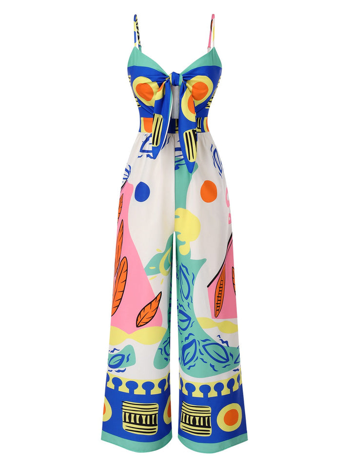 Multicolor 1930s Painting Chest Tie Jumpsuit, vintage romper, retro jumpsuit - perfect for women who love vintage and retro fashion