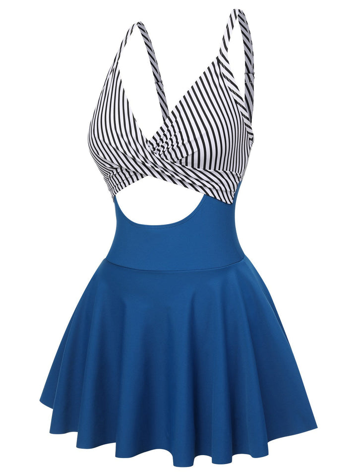 Multicolor 1930s Stripe Skirted One-piece Swimsuit, vintage skirt, retro style - perfect for women who love vintage and retro fashion