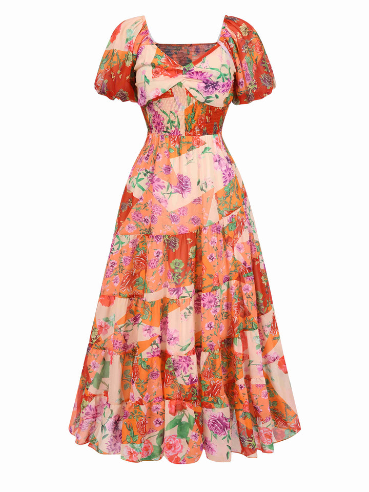 She slips into this Multicolor 1930s Sweetheart Neck Floral Maxi Dress and suddenly it&