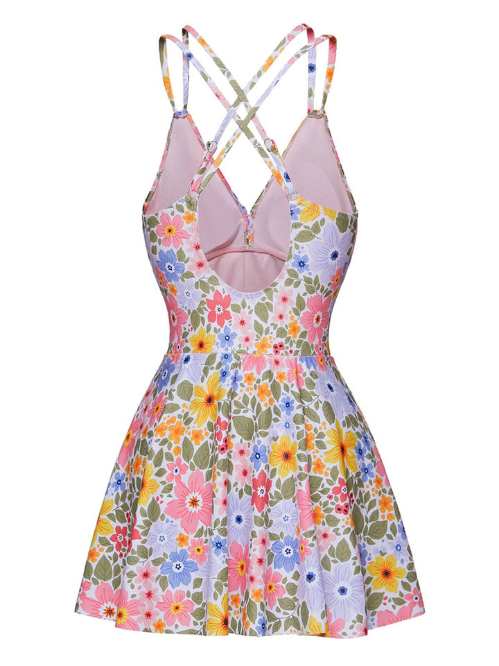 This Multicolor 1940s Floral Back Cross Straps Swimsuit carries 1940s vacation dreams in every stitch