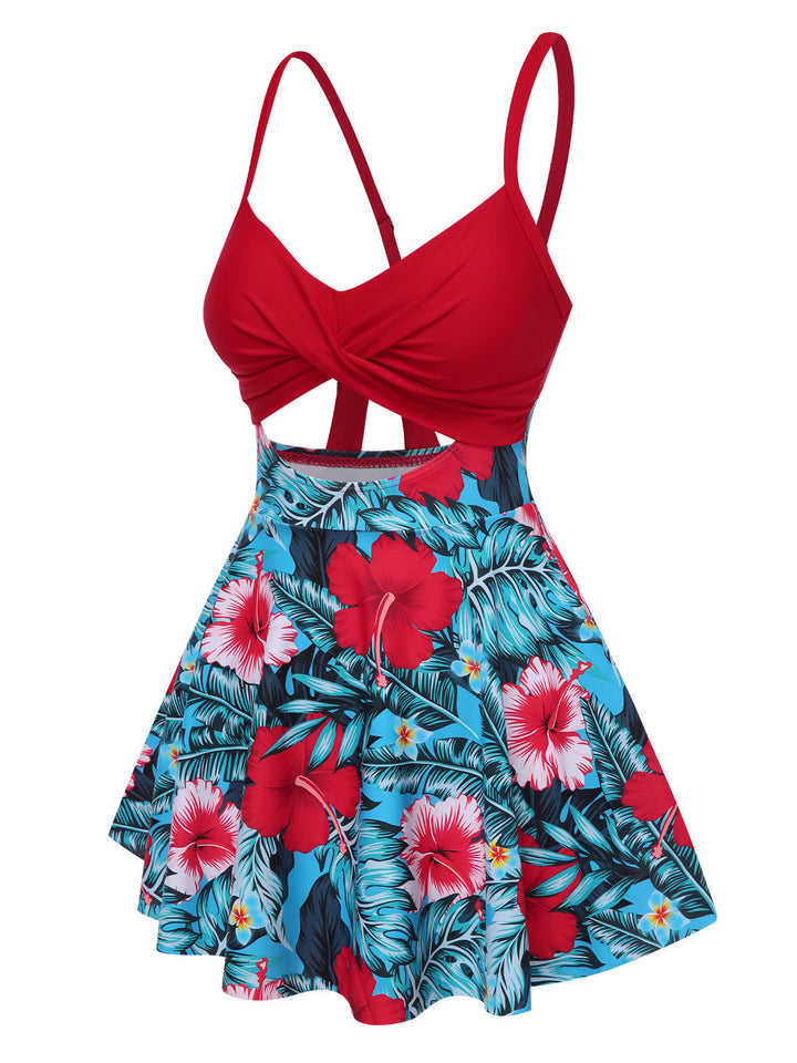 Multicolor 1940s Floral Hollow Straps Swim Dress: where 1940s romance meets her modern spirit