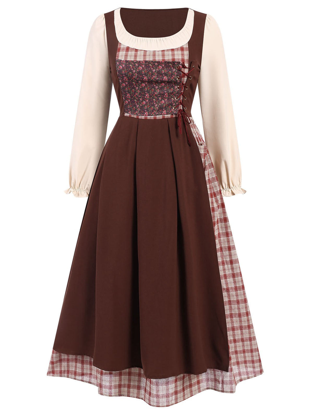 She slips into this Multicolor 1940s Floral Plaid Pastoral Dress and suddenly it&