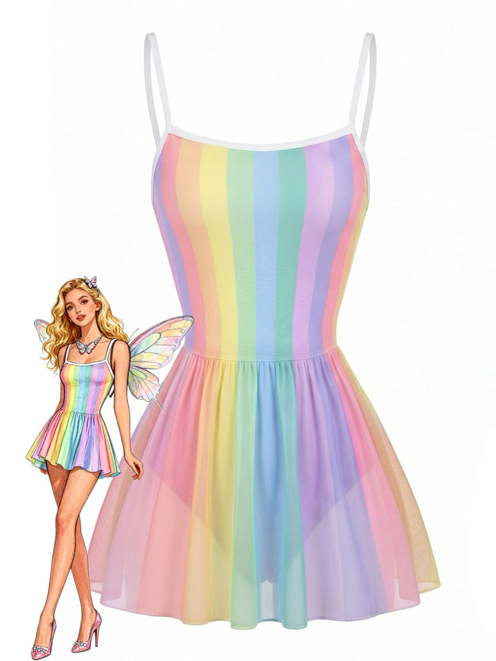 [Pre-Sale] Multicolor Rainbow Stripes One-Piece Swimdress, vintage dress, retro fashion - perfect for women who love vintage and retro fashion