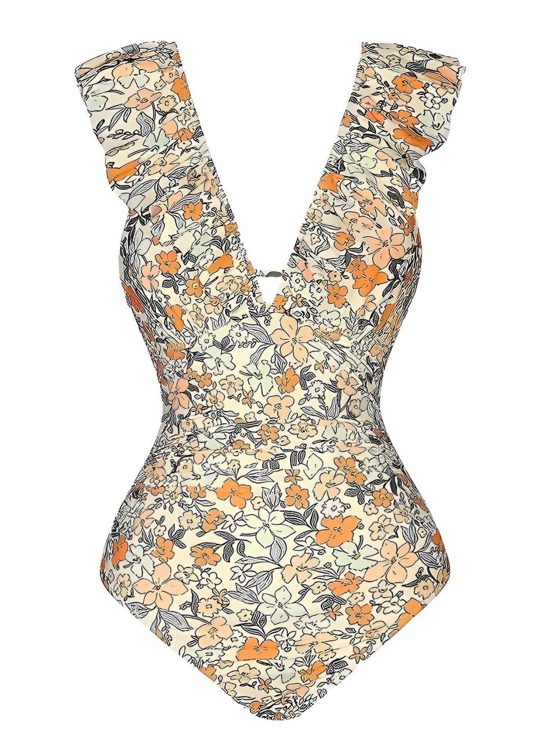 This 1950s Floral Ruffled Back Cut-Out Swimsuit carries 1950s vacation dreams in every stitch