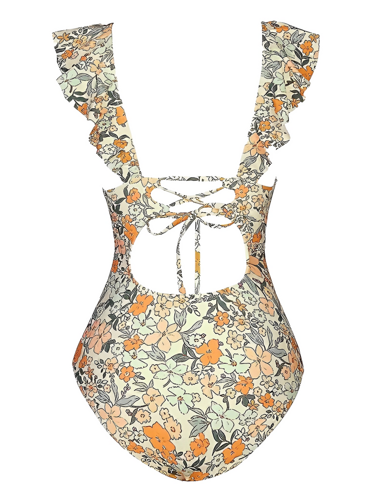1950s Floral Ruffled Back Cut-Out Swimsuit — because 1950s glamour never goes out of style
