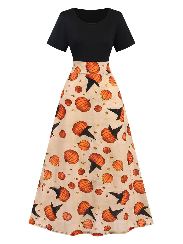 She slips into this Multicolor 1950s Halloween Pumpkin Patchwork Dress and suddenly it&