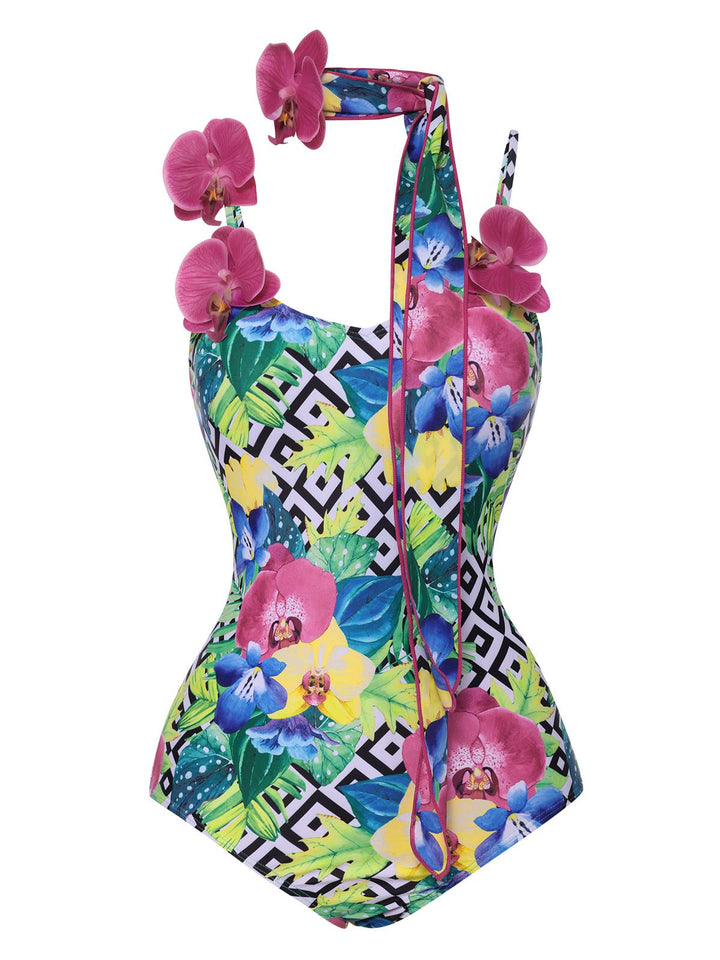 [Pre-Sale] Multicolor Halter Artificial Flowers Swimsuit, vintage swimsuit, swimwear - perfect for women who love vintage and retro fashion
