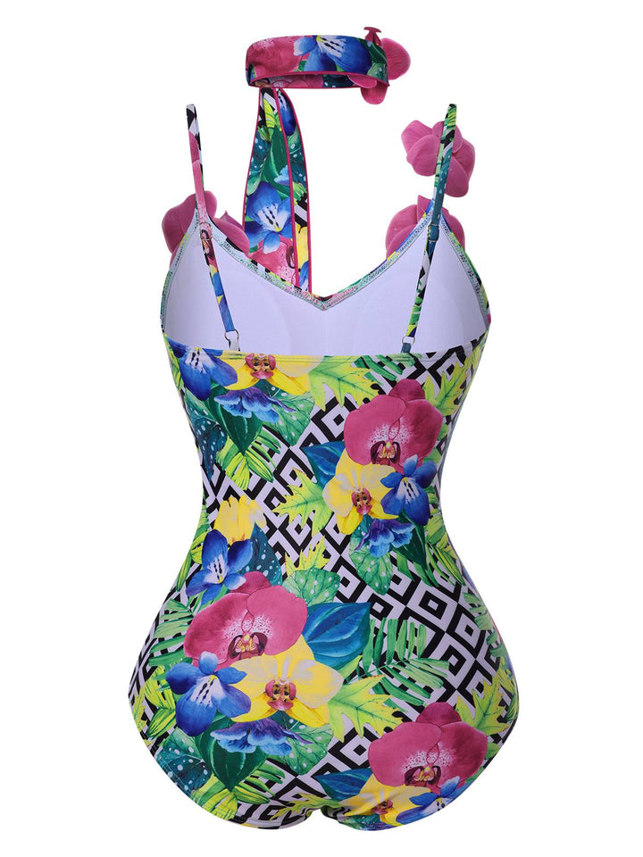 [Pre-Sale] Multicolor Halter Artificial Flowers Swimsuit, vintage swimsuit, swimwear - perfect for women who love vintage and retro fashion