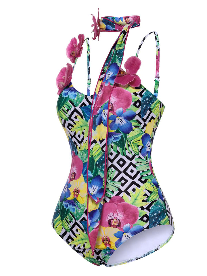 [Pre-Sale] Multicolor Halter Artificial Flowers Swimsuit, vintage swimsuit, swimwear - perfect for women who love vintage and retro fashion