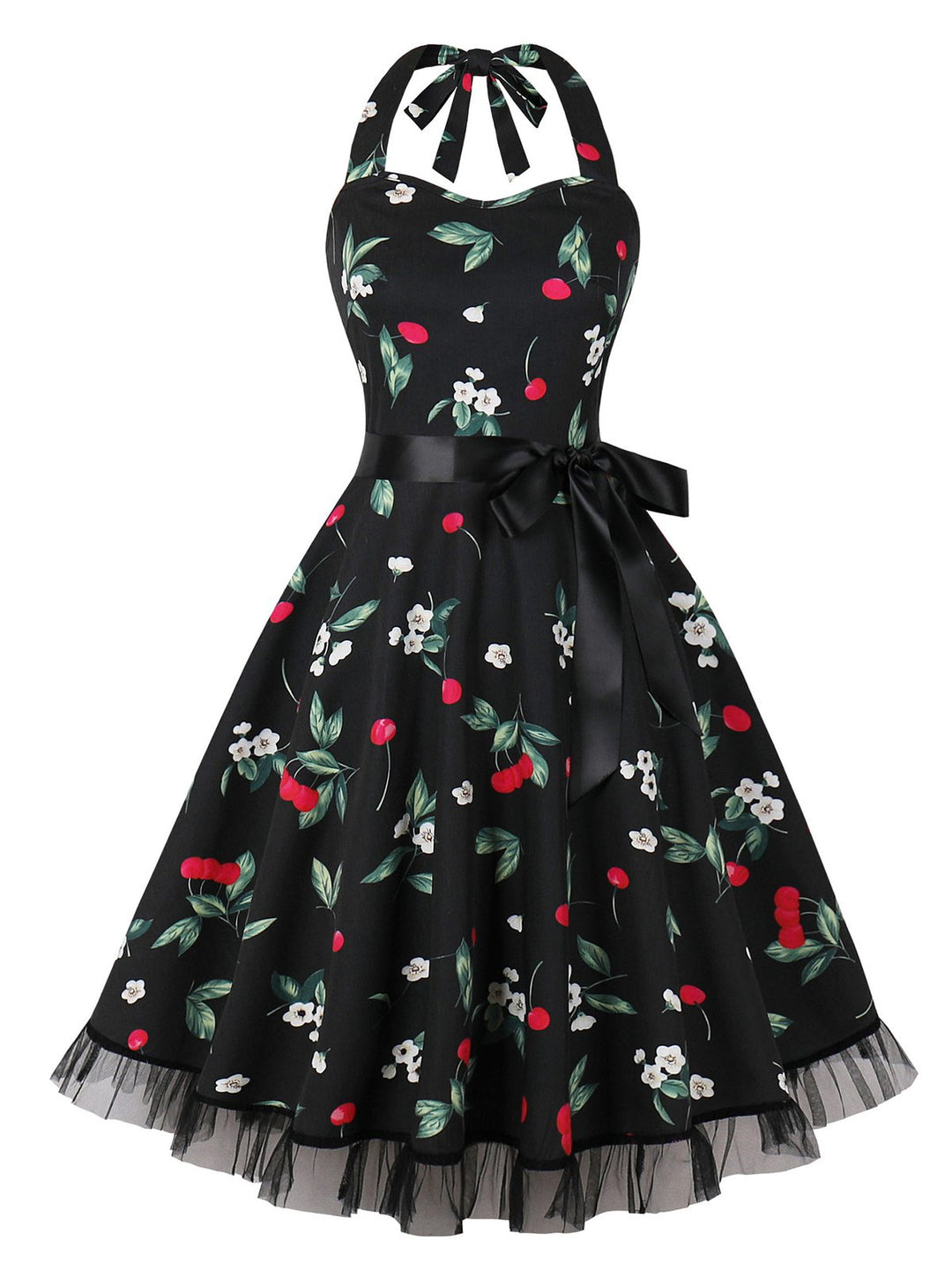 Multicolor 1950s Halter Floral Lace Hem Dress, vintage dress, retro fashion, rockabilly, pin-up fashion - perfect for women who love vintage and retro fashion
