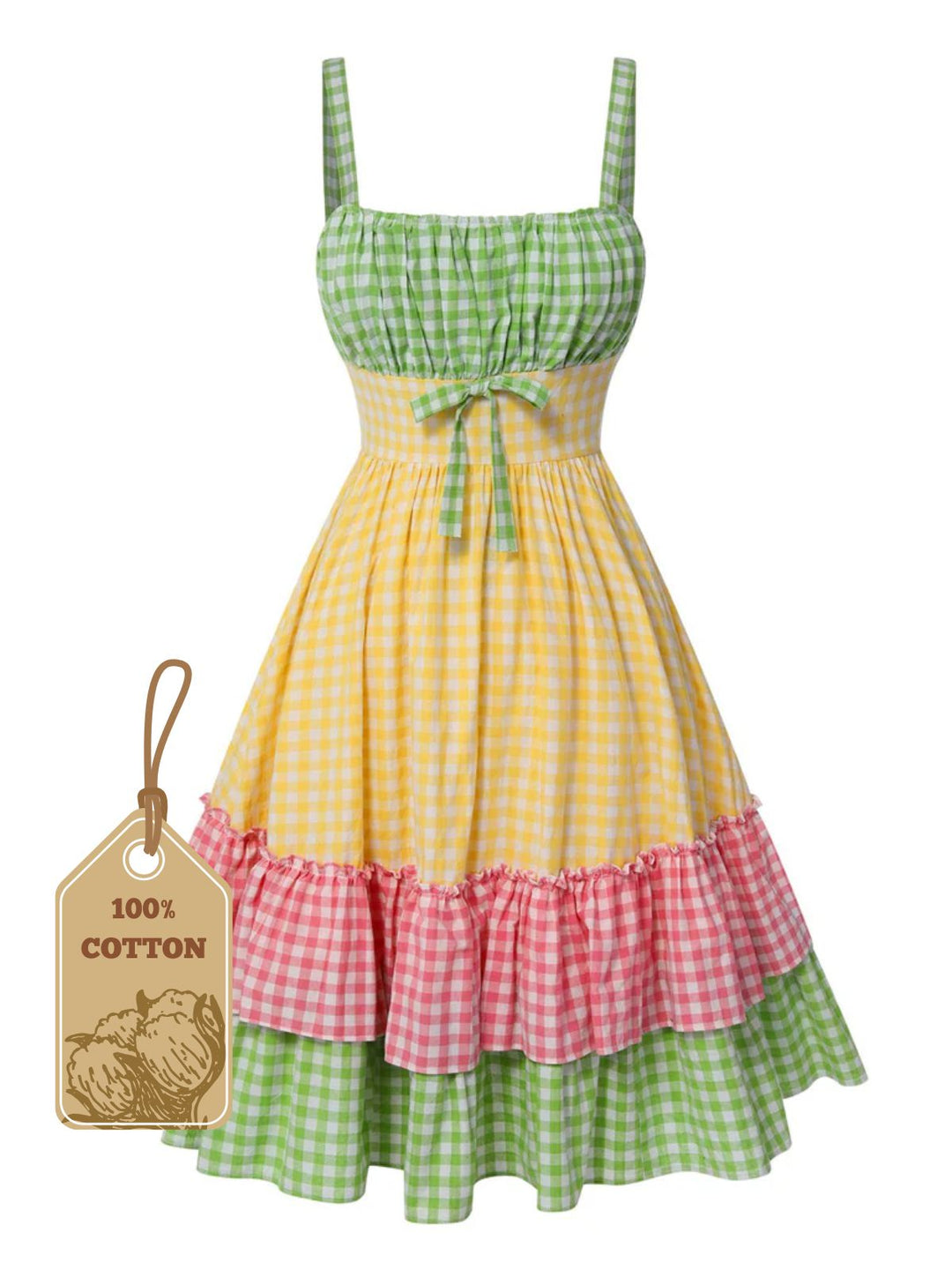 She slips into this Multicolor 1950s Pure Cotton Straps Plaid Dress and suddenly it&