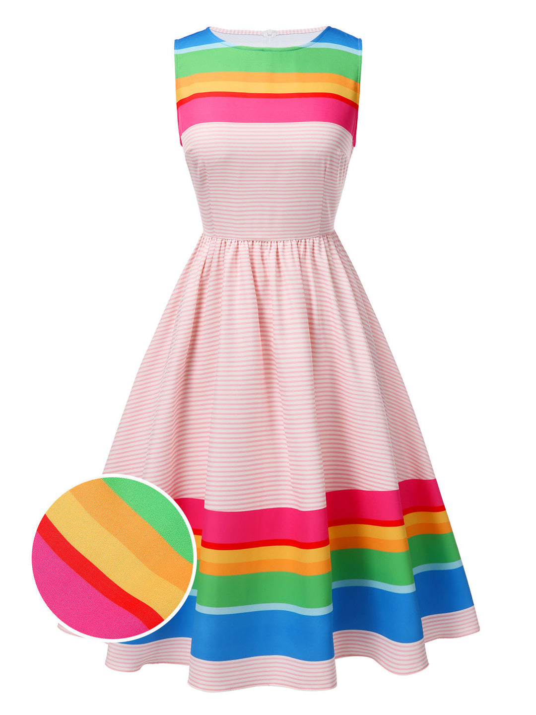 She slips into this Multicolor 1950s Rainbow Striped Boat Neck Dress and suddenly it&