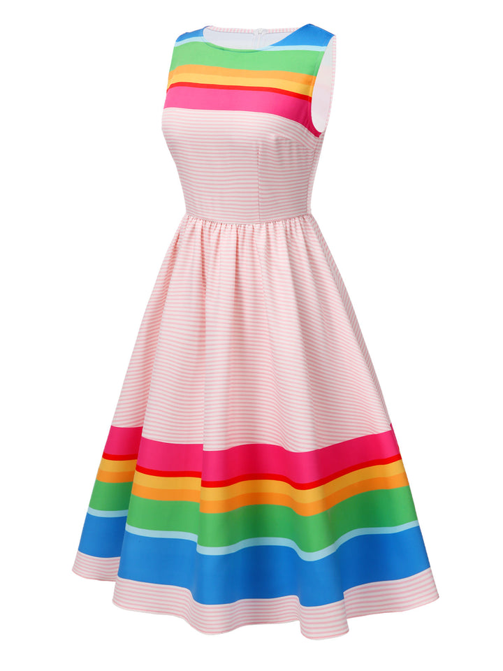 This Multicolor 1950s Rainbow Striped Boat Neck Dress wraps her in 1950s elegance, one twirl at a time