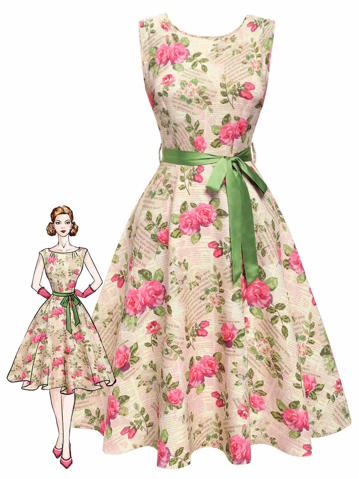 She slips into this Multicolor 1950s Rose Pictorial Belted Dress and suddenly it&