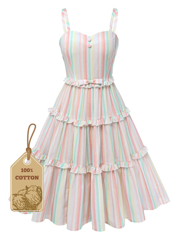She slips into this Multicolor 1950s Spaghetti Strap Striped Dress and suddenly it&