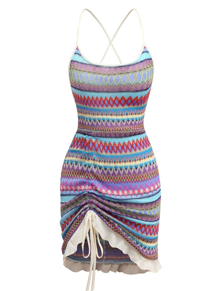 She slips into this 1960s Bohemian Drawstring Knit Straps Dress and suddenly it&
