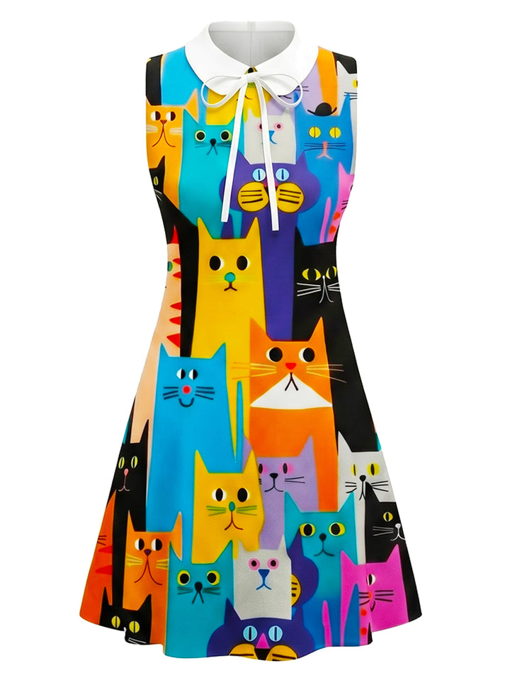 [Pre-Sale] Multicolor 1960s Cats A-Line Peter Pan Collar Dress, vintage dress, retro fashion - perfect for women who love vintage and retro fashion
