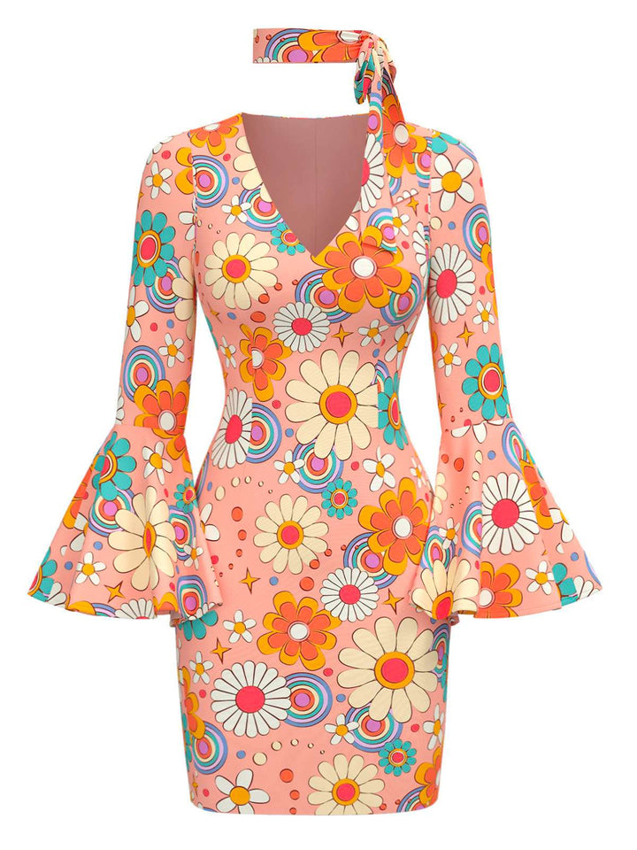 Multicolor 1960s Daisy Flare Sleeve Hippie Dress - vintage dress, retro fashion