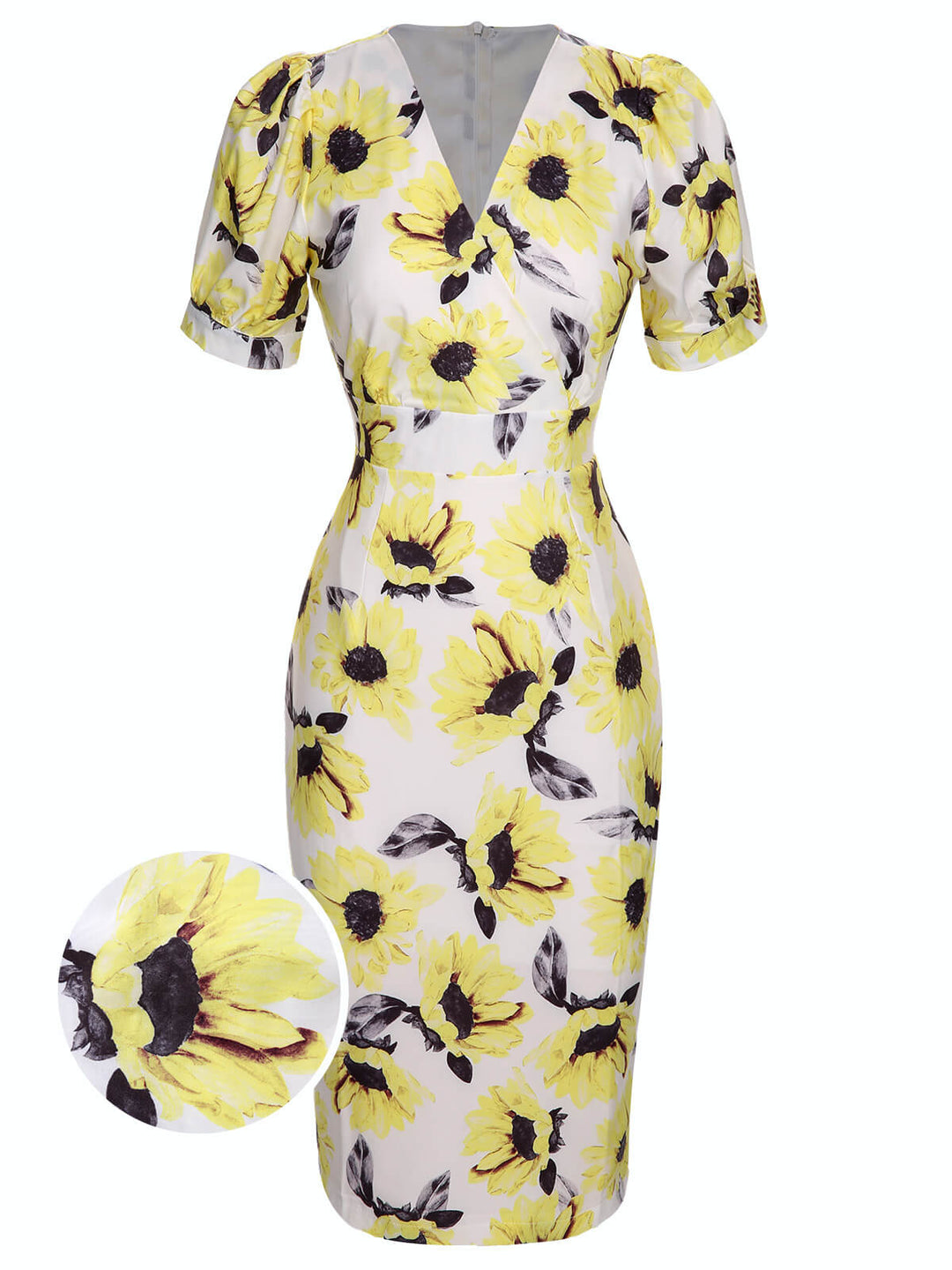 She slips into this Multicolor 1960s Floral Sunflower V-Ausschnitt Dress and suddenly it&