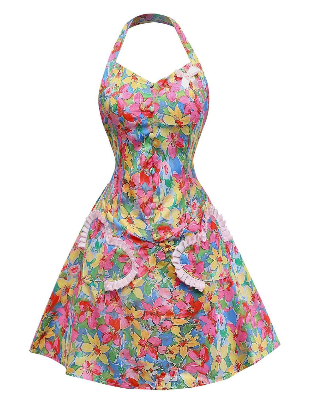 Multicolor 1960s Halter Floral Bow Heart Dress - vintage dress, retro fashion