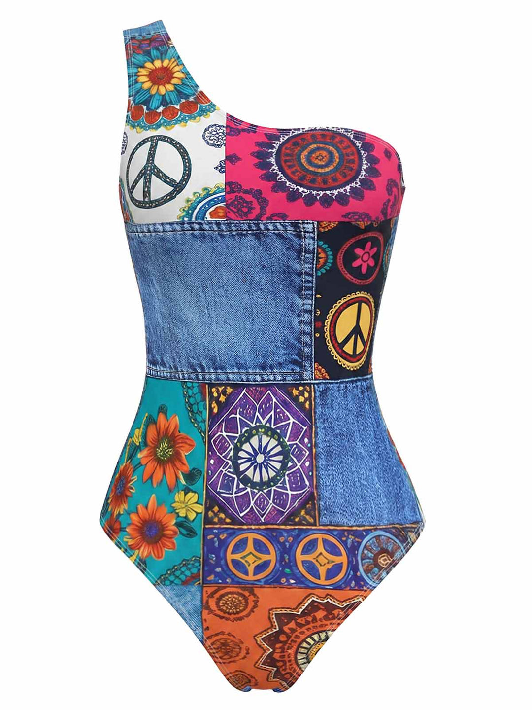 [Pre-Sale] Multicolor Hippie Asymmetrical One-Shoulder Swimsuit - vintage swimsuit, swimwear for vintage lovers