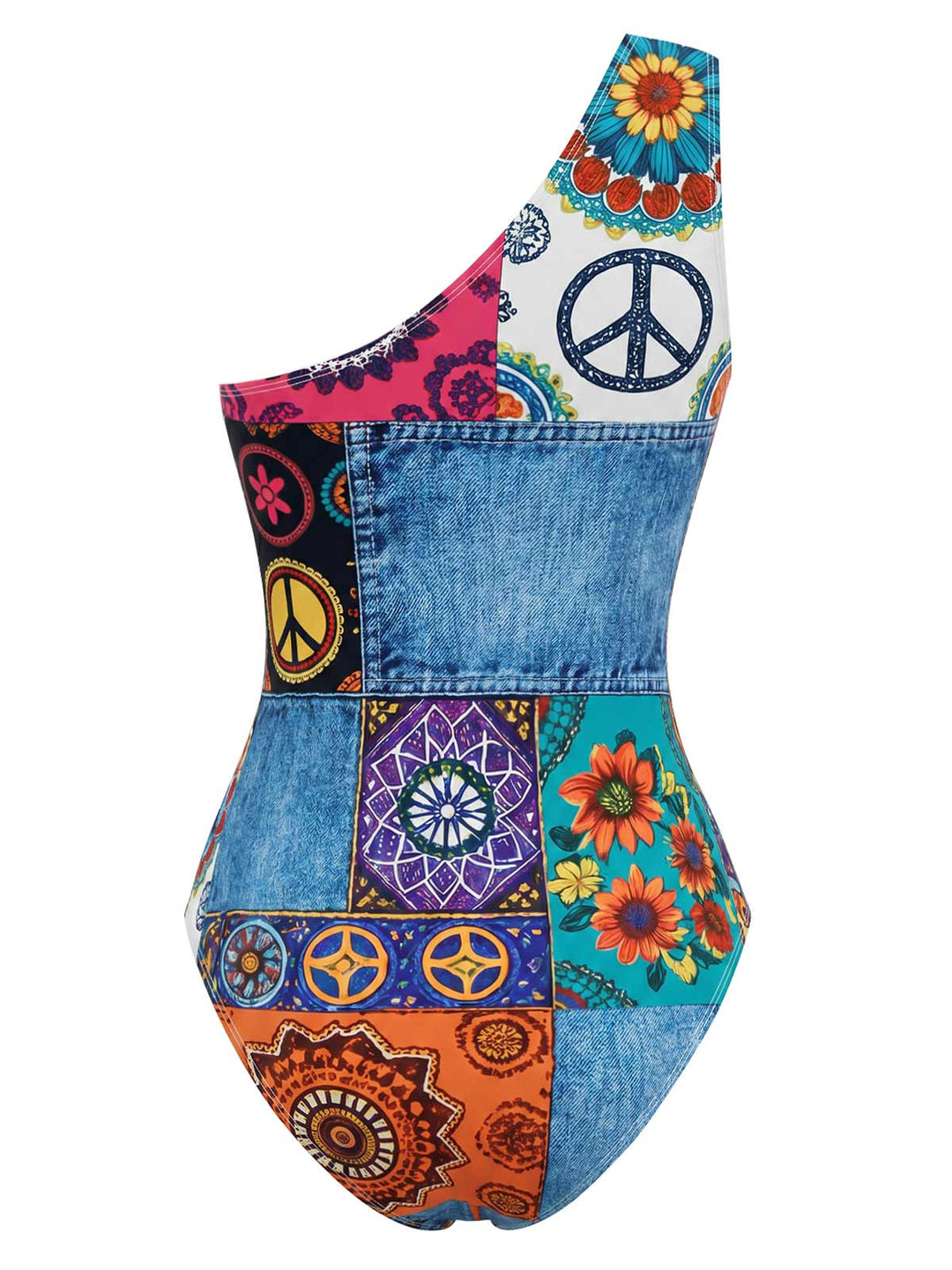 [Pre-Sale] Multicolor Hippie Asymmetrical One-Shoulder Swimsuit - vintage swimsuit, swimwear for vintage lovers