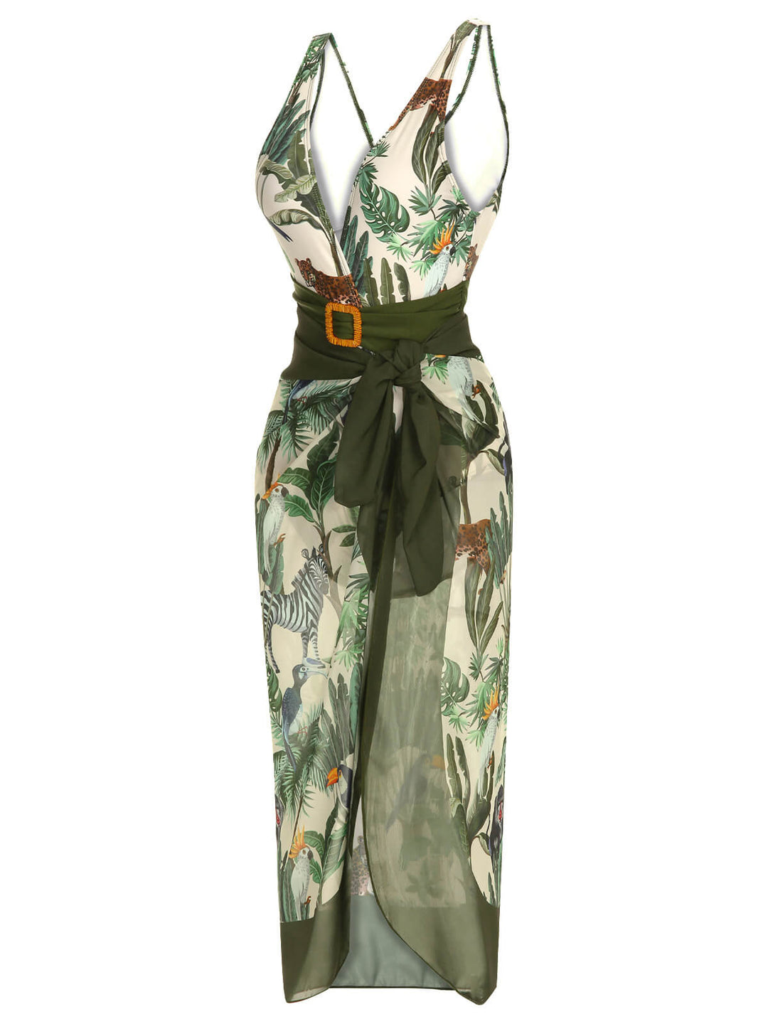 This Multicolor 1960s Palm Leaf Swimsuit &amp; Cover-Up carries 1960s vacation dreams in every stitch