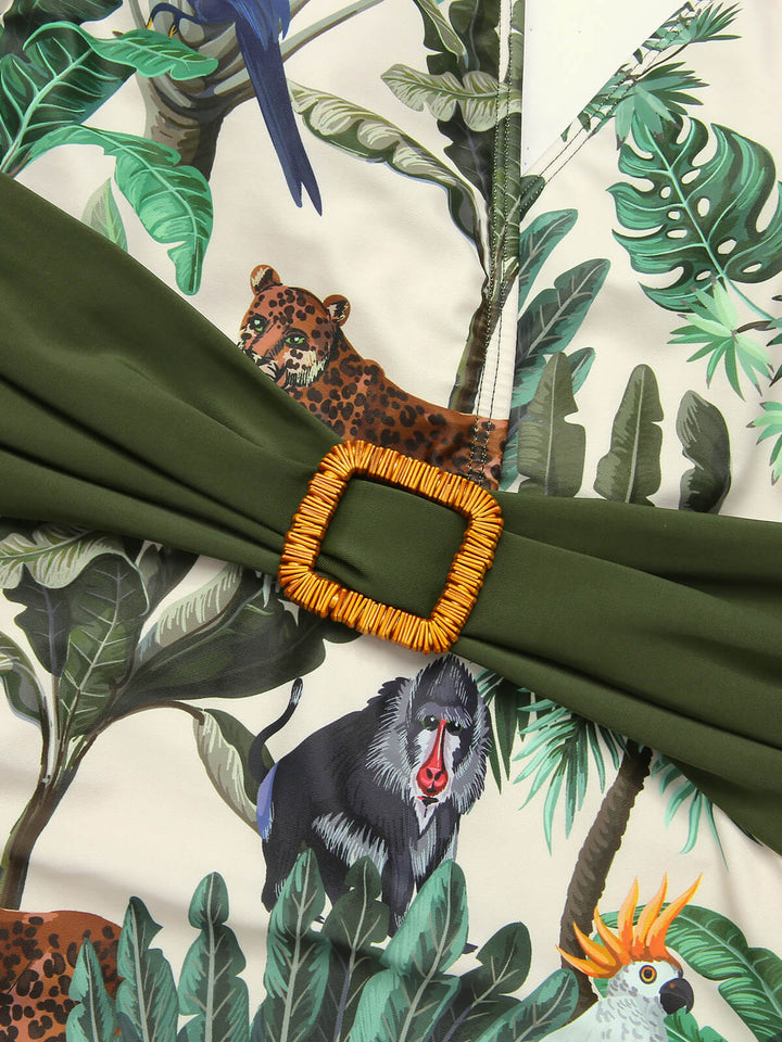 Multicolor 1960s Palm Leaf Swimsuit &amp; Cover-Up — 1960s poolside glamour meets sun-drenched confidence