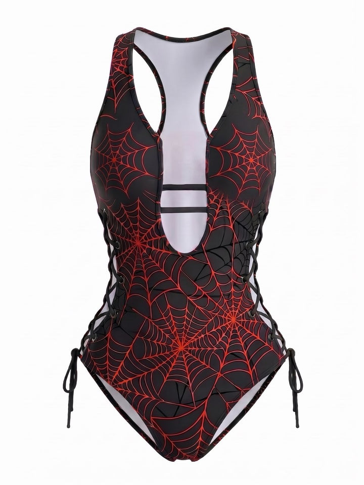 Red Star Stripe Cutout Strappy Swimsuit, vintage swimsuit, swimwear, retro beach style, women, elegant