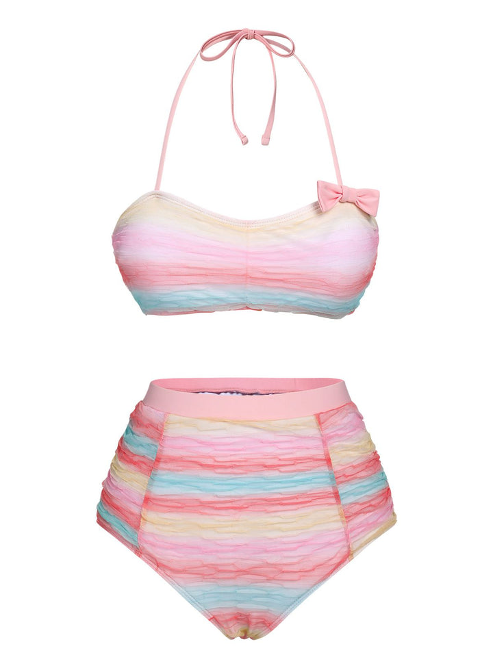 Multicolor 1960s Rainbow Mesh Bow Swimsuit, vintage swimsuit, pin-up swimwear - perfect for women who love vintage and retro fashion