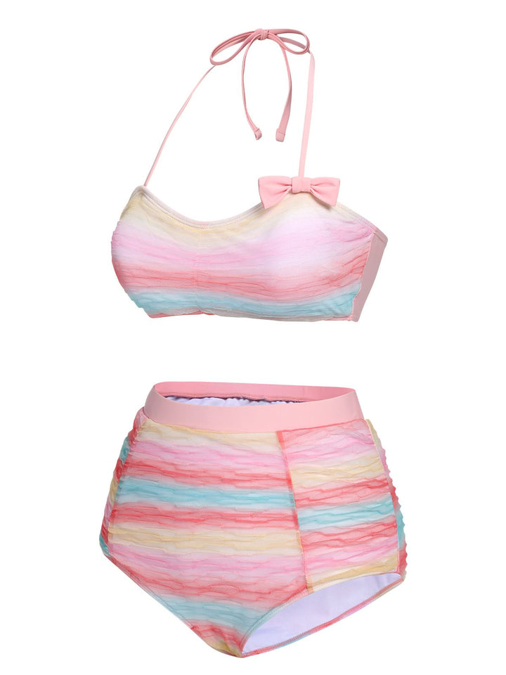 Multicolor 1960s Rainbow Mesh Bow Swimsuit, vintage swimsuit, pin-up swimwear - perfect for women who love vintage and retro fashion