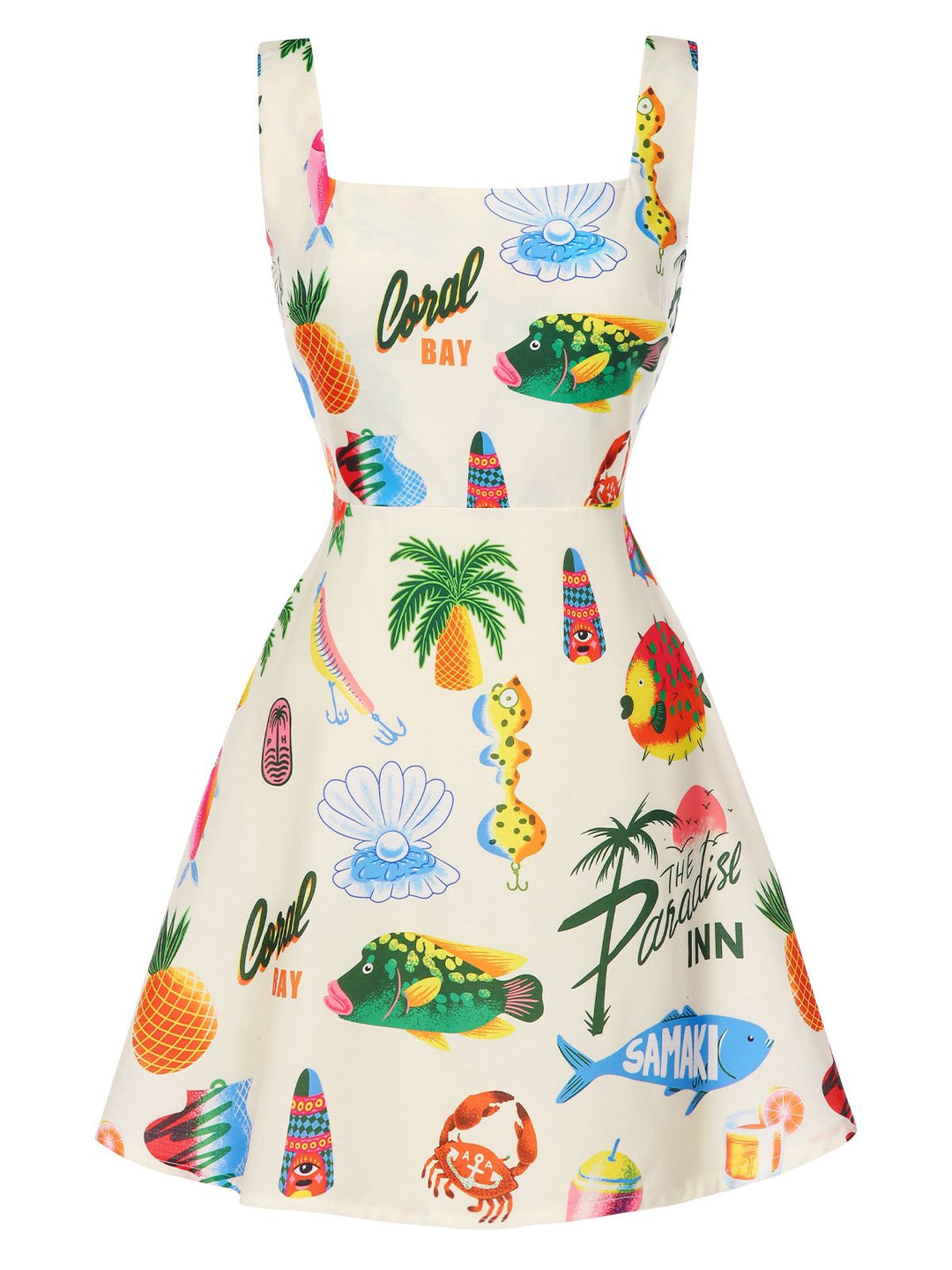 She slips into this Multicolor 1960s Tropical Fruits Wide-Straps Dress and suddenly it&