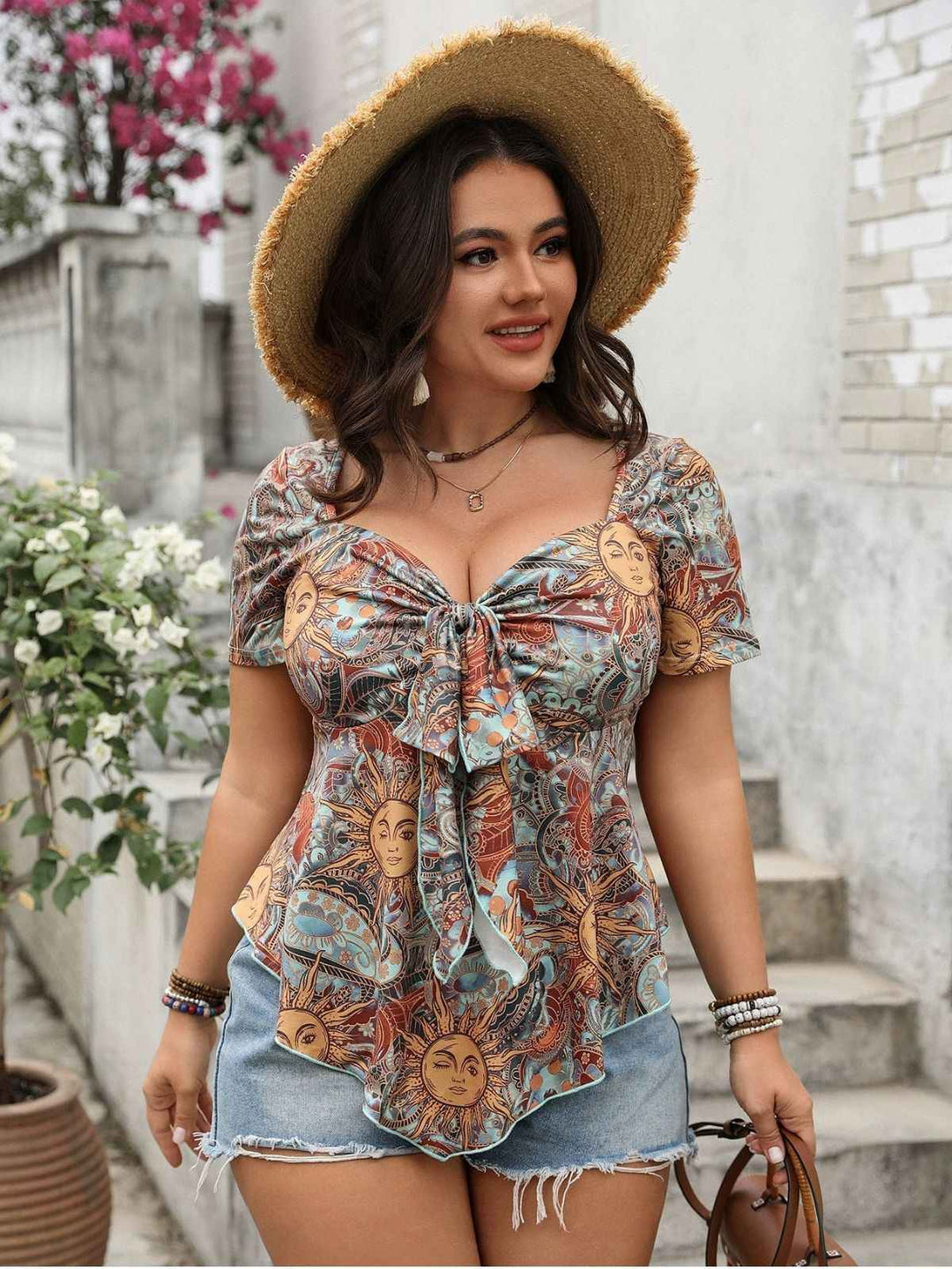 Multicolor 1970S Boho Sun Print Bow Front Top - vintage fashion, retro style