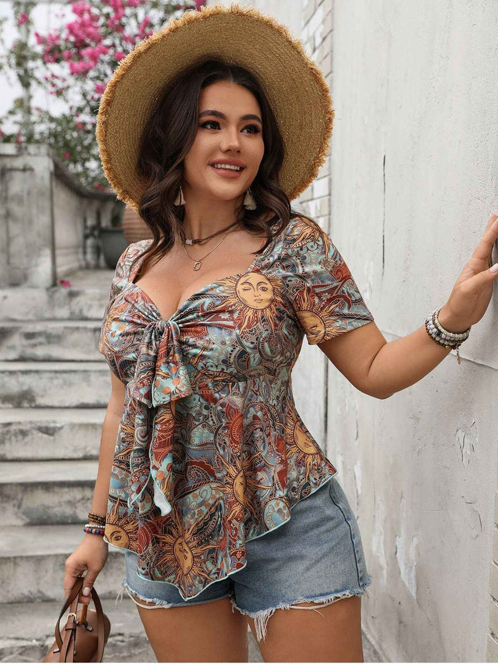 Multicolor 1970S Boho Sun Print Bow Front Top - vintage fashion, retro style