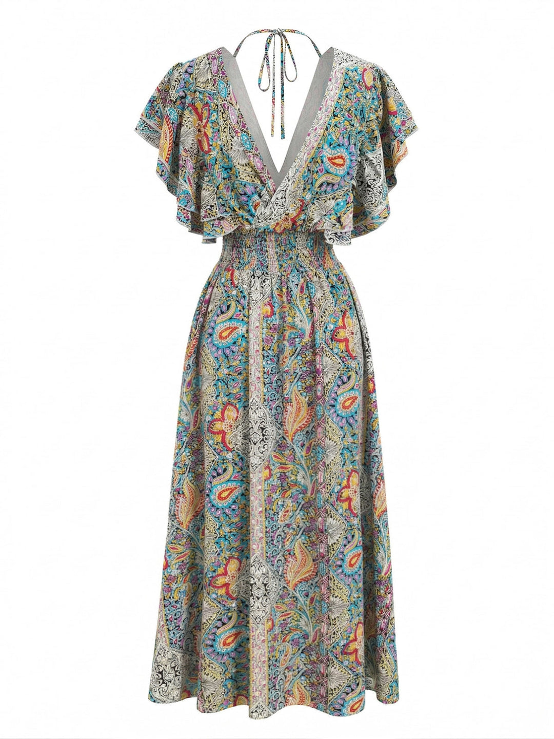 Multicolor 1970s Bohemia Ruffle Sleeve Smocked Dress - vintage dress, retro fashion for vintage lovers