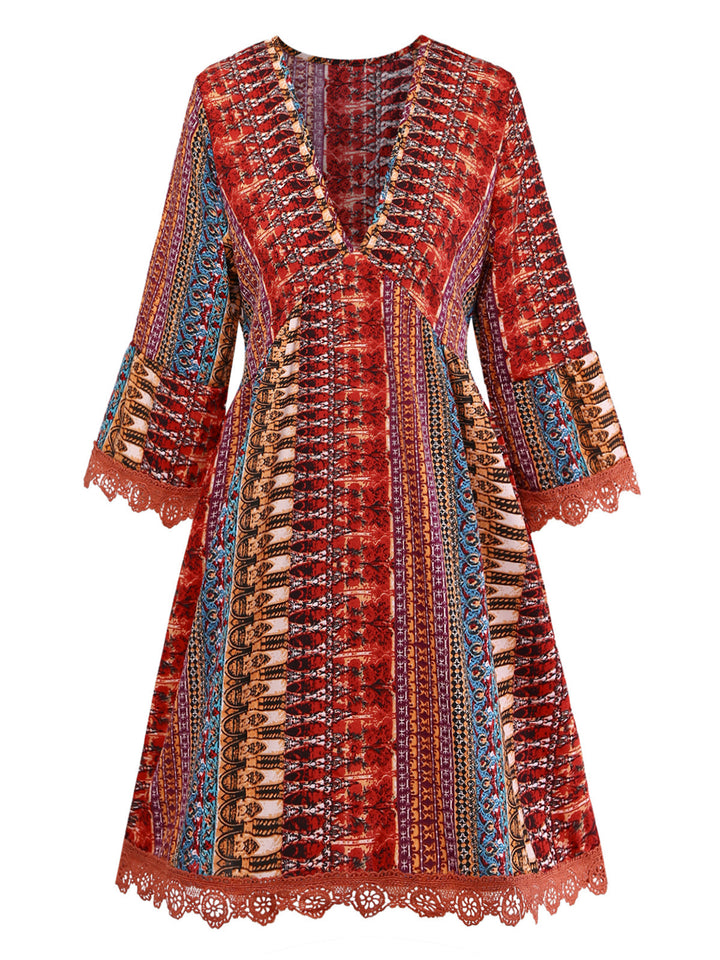 Multicolor 1970s Bohemian V-Neck Tiered Sleeve Dress - vintage dress, retro fashion, elegant style for vintage lovers