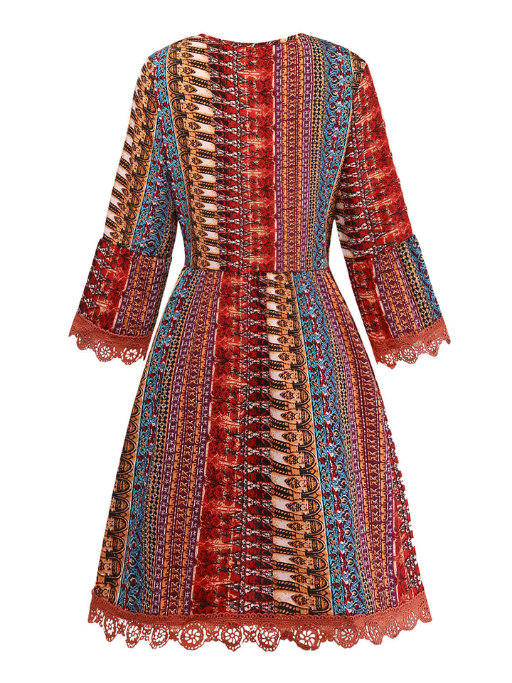 Multicolor 1970s Bohemian V-Neck Tiered Sleeve Dress: beautiful vintage dress, retro fashion, elegant style with timeless appeal