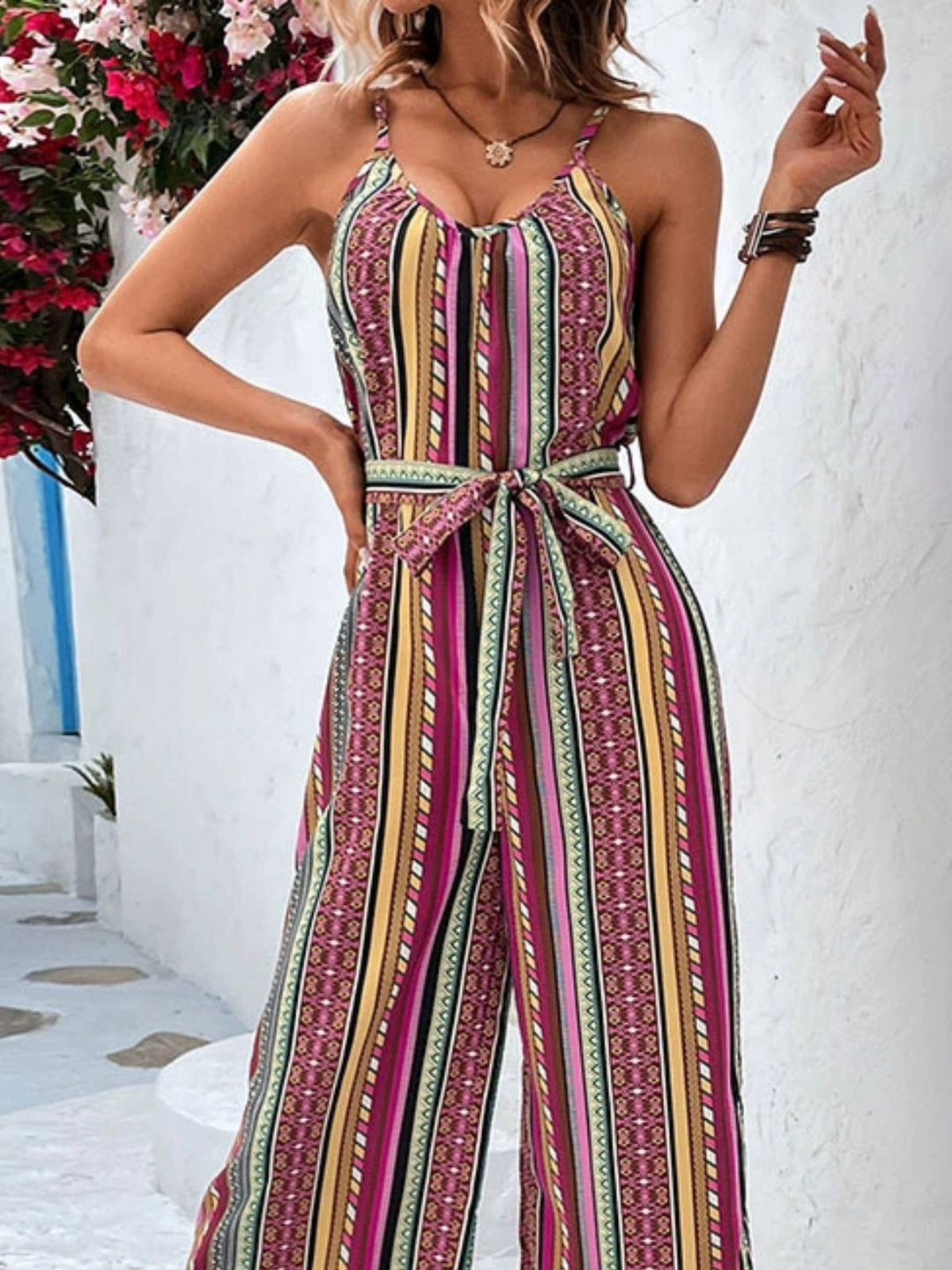 Multicolor 1950s Vintage Floral Striped Jumpsuit