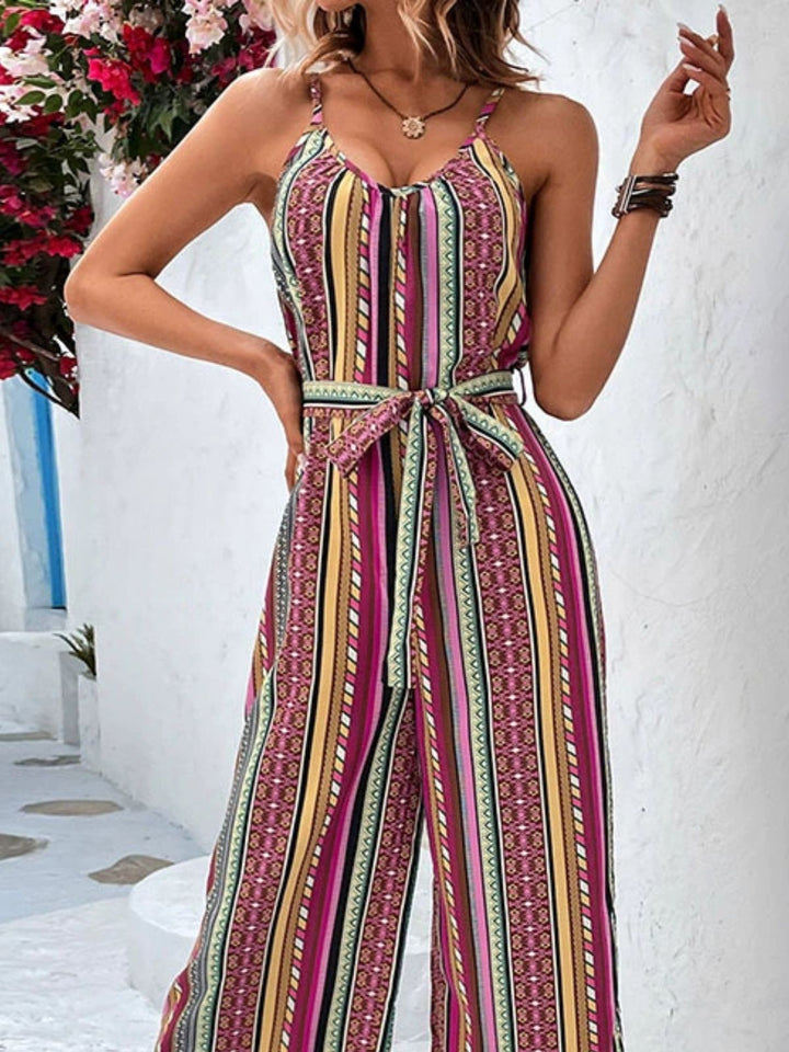 Multicolor 1950s Vintage Floral Striped Jumpsuit