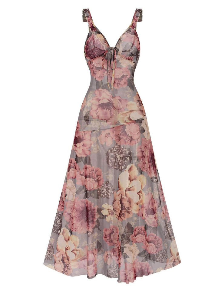 She slips into this Multicolor 1970s Floral V-Neck Straps Nightgown and suddenly it&